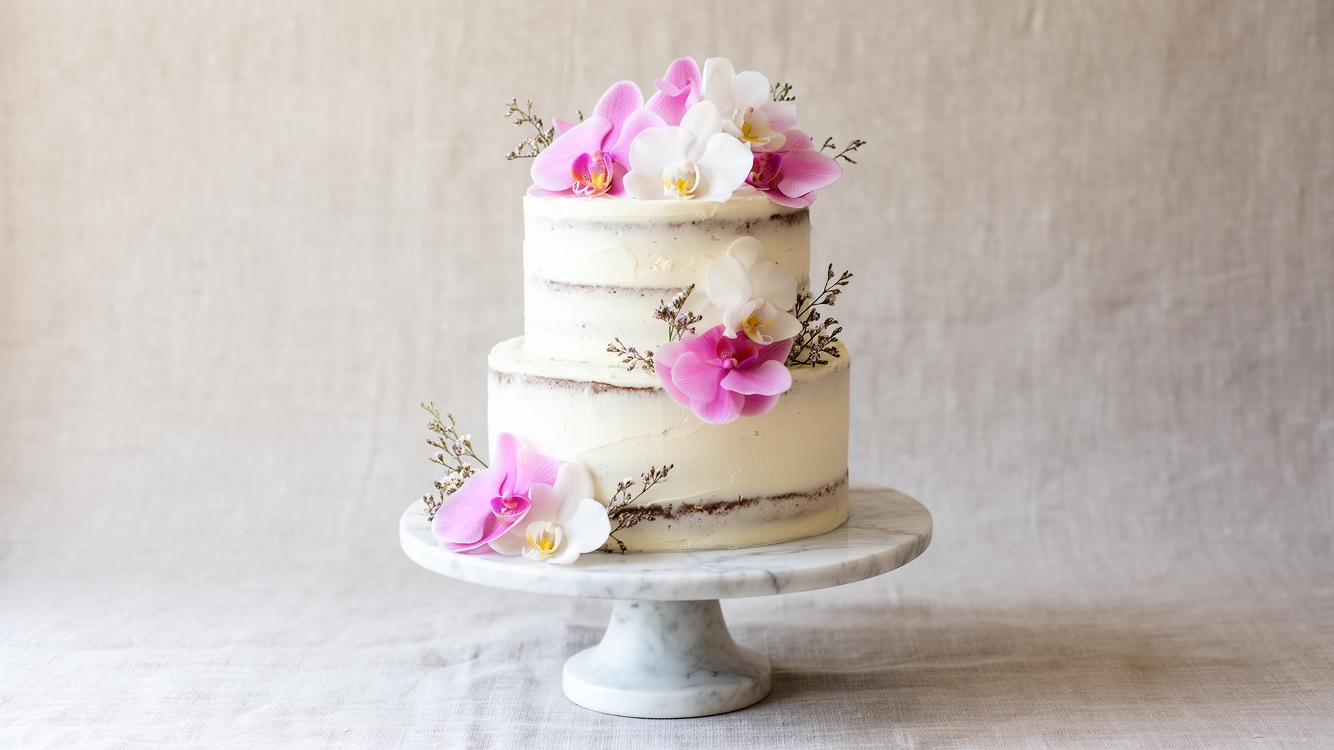 Three-layer cake decorated with pink and white orchids on a marble stand